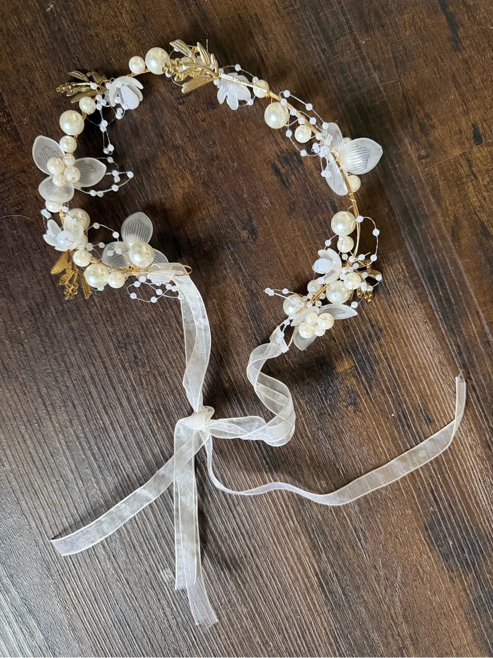 Pearl & Floral Bridal Hair crown with Ribbon Ties - Ivory
